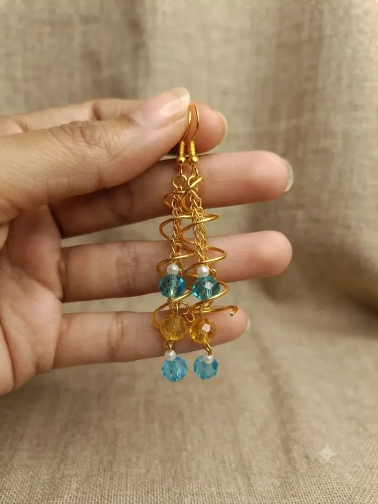 Gold Spiral Cascade Earrings (with Aqua & Amber Crystals)